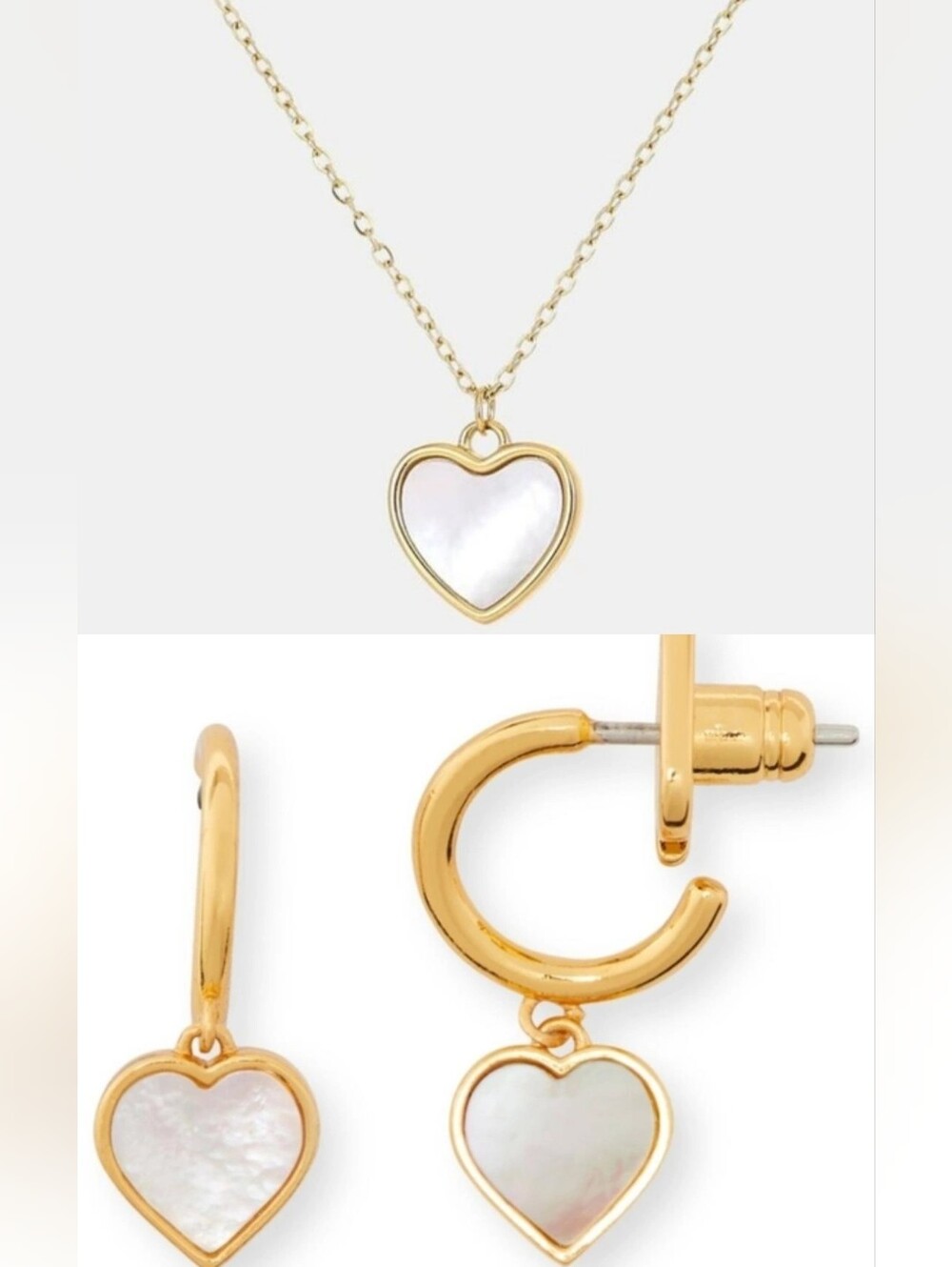 Kate Spade White Heart Gold Tone Necklace & Heart Drop Huggie Earrings Set NWT